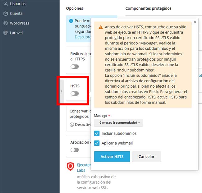 activar HSTS en Plesk