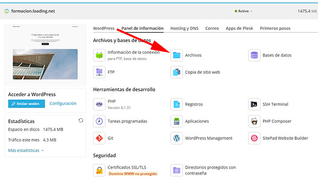 administrador archivos plesk