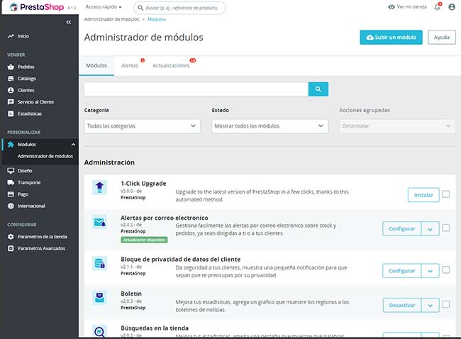 administrador módulos prestashop