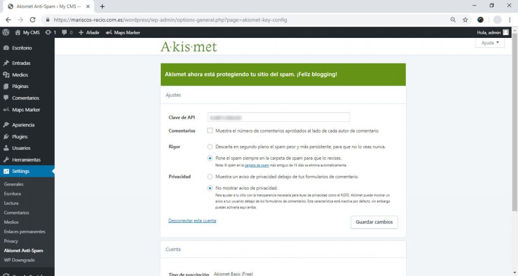 Activando Akismet en nuestro WordPress