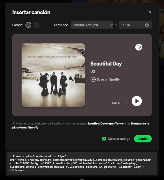 codigo iframe canción Spotify 