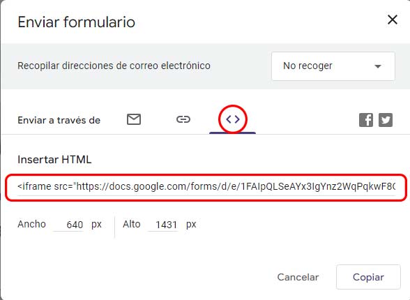 copiar enlace iframe formulario 