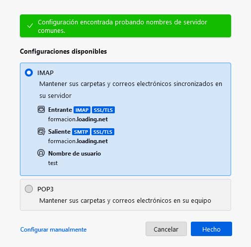 cuenta configurada correctamente thunderbird