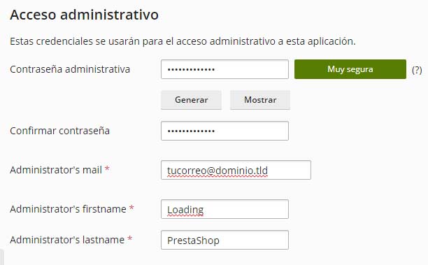 datos acceso administrativo prestashop