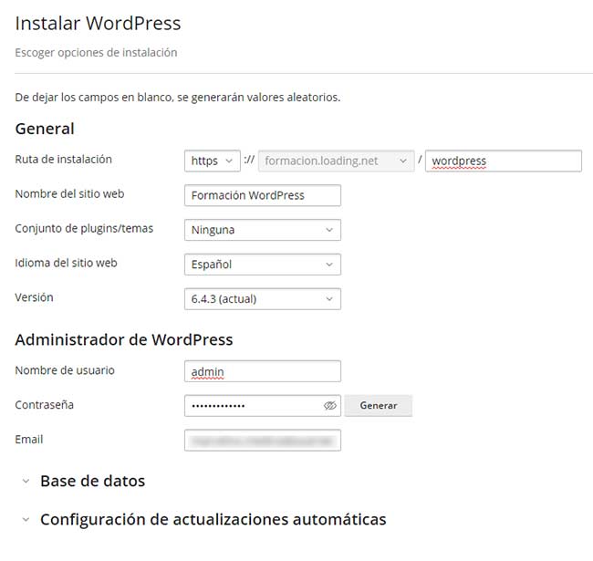 datos instalacion wordpress wp toolkit 