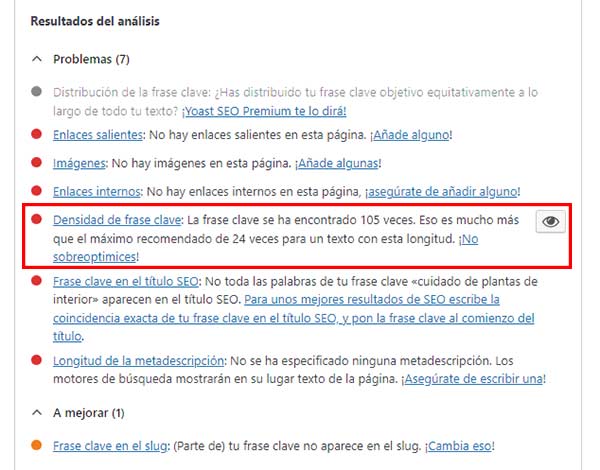 ejemplo error densidad palabas yoast seo 