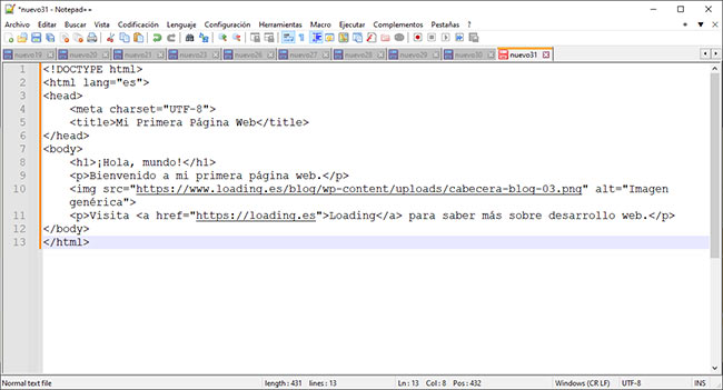ejemplo html codigo editor