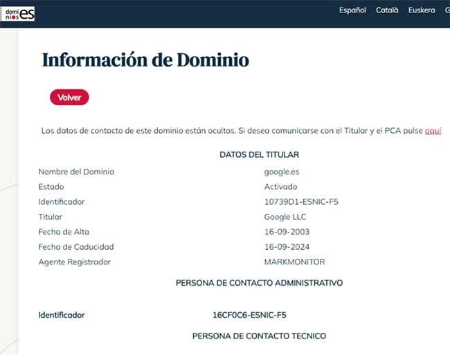 ejemplo whois dominios es