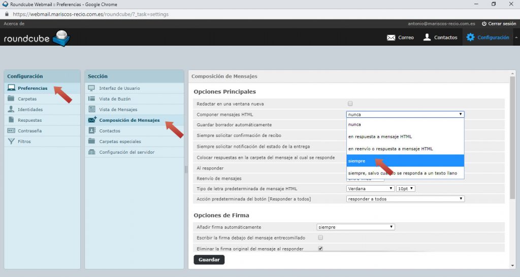 Cómo configurar la firma de correo en Roundcube