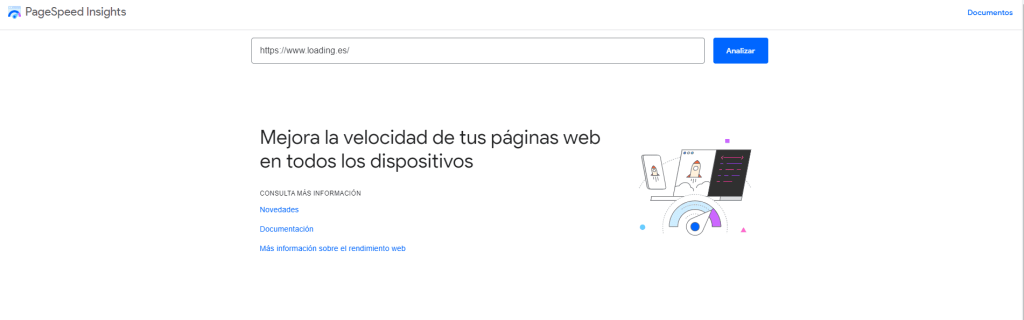 Pagina de inicio de Google PageSpeed Insights