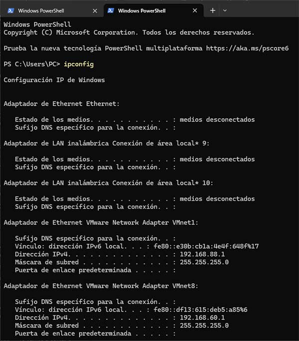 ipconfig ejemplo 