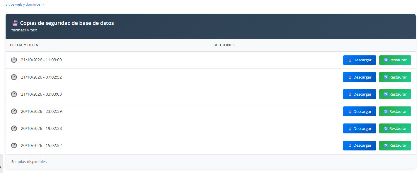 Copias de seguridad de la base de datos disponible