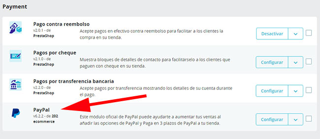 modulo pagos nuevo instalado prestashop 
