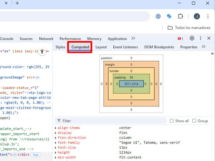 panel caja inspeccionar elementos