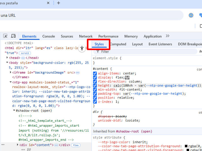 panel styles inspeccionar elementos