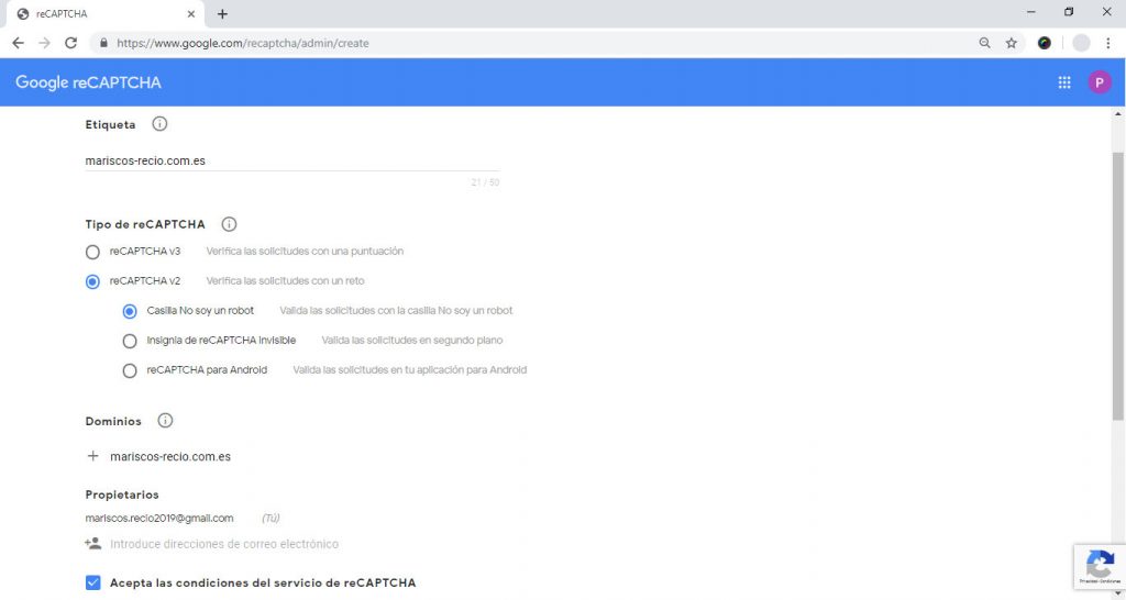 Registro y obtención de las claves en Google reCaptcha