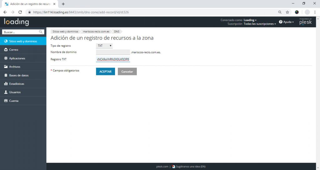 Verificando propiedad asociando un registro DNS